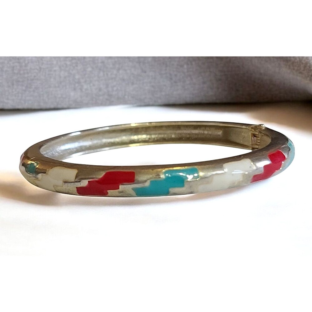 Vintage Silver Tone Hinged Enamel Bracelet Aztec Pattern